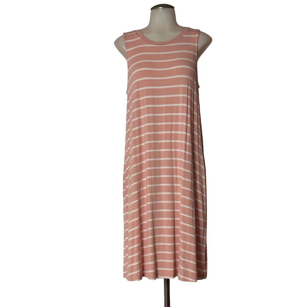 Time and Tru T-Shirt Dress Women L Salmon White Striped Pockets‎ NWOT Soft Comfy